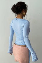Lace Trim V Neck Tie Long Sleeve Blouse image 3