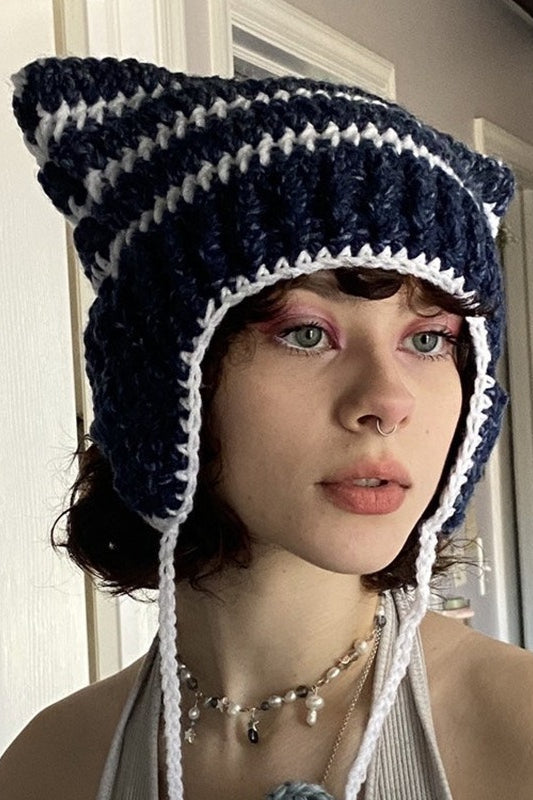 Fox Ears Color Block Striped Pom Pom Knitted Hat image 6