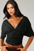 Chic Deep V Neck Knot Front Ruched Crop T-shirt image 1