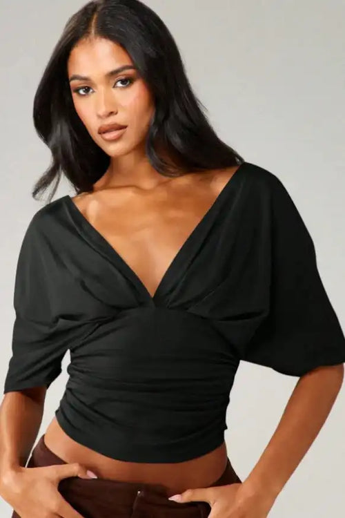 Chic Deep V Neck Knot Front Ruched Crop T-shirt image 1