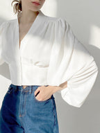 Vintage Lantern Sleeve V-Neck Slim Fit Blouse image 4
