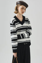 Striped V Neck Loose Long Sleeve Knit Sweater image 6