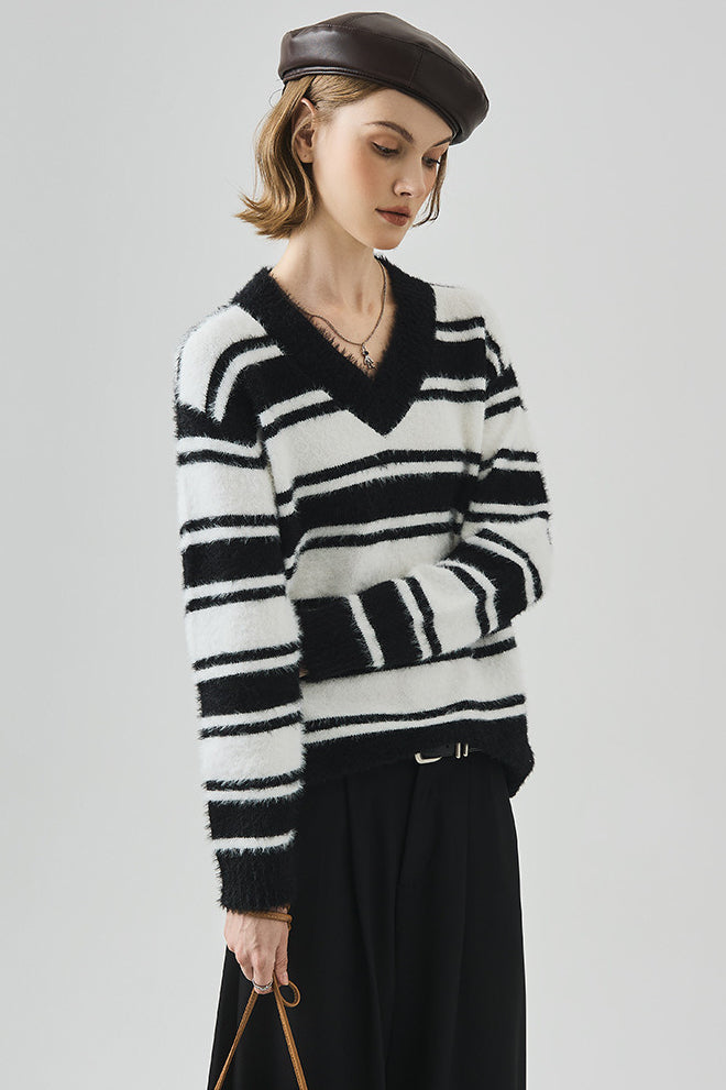 Striped V Neck Loose Long Sleeve Knit Sweater image 6
