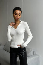Polo Neck Fitted Ribbed Knit Sweater image 7