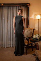 Elegant Solid Color Satin Draped Back Long Prom Dress image 9