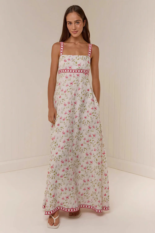 Casual Linen Print Spaghetti Strap Summer Maxi Dress image 1