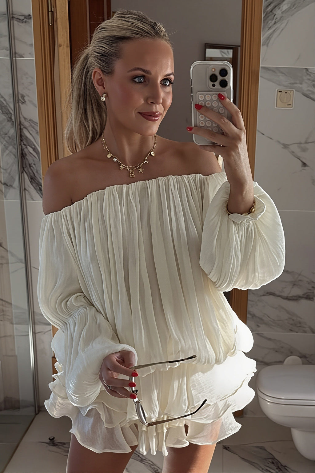 Off Shoulder Ruffle Shiny Fabric Mini Dress image 6