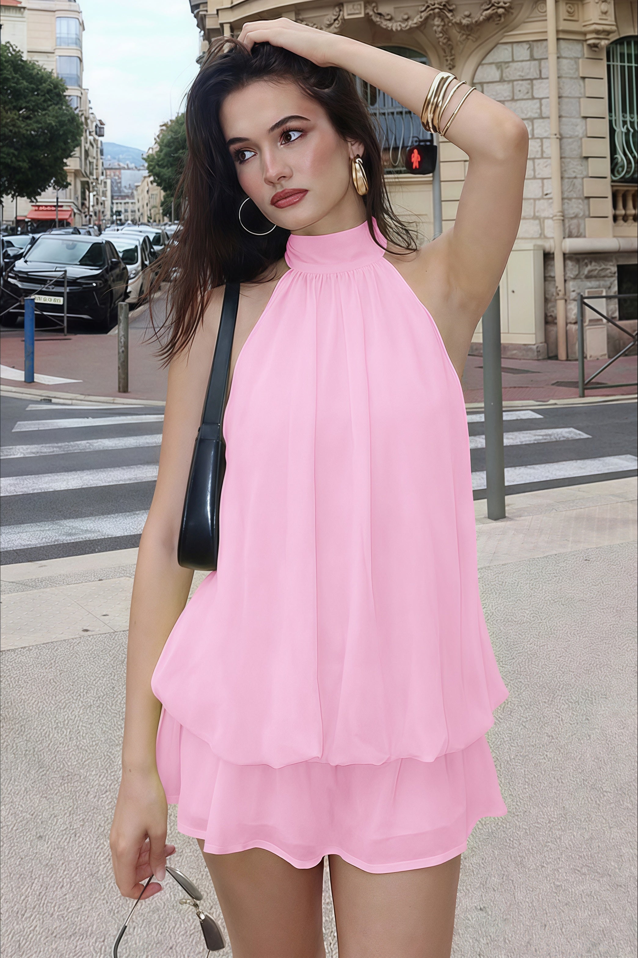 Sexy Halter Neck Backless Solid Color Waist Cinching Puffy Mini Dress image 4