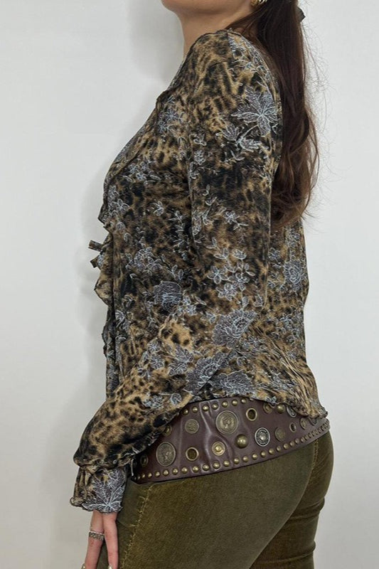 Vintage Animal Print Tie Front Ruffle Blouse image 3
