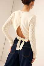 Open-Back Tie Detail Round Neck Elegant Knit Long Sleeve Tee image 2