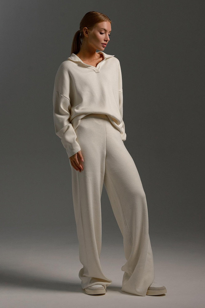 Polo Collar Knit Pullover Wide-Leg Pants Two Piece Set image 2