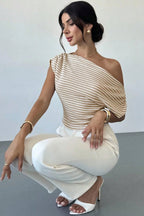 Chic Cold Shoulder Stripe Short Sleeve Knit Blouse image 4