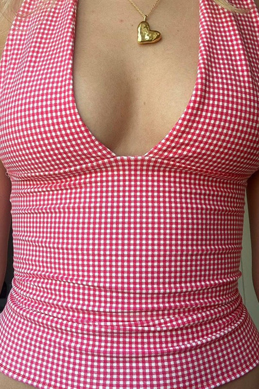 Plaid Deep V Tie Waist Halter Top image 2