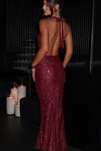 Sequin Deep V Halter Bodycon Maxi Dress image 2