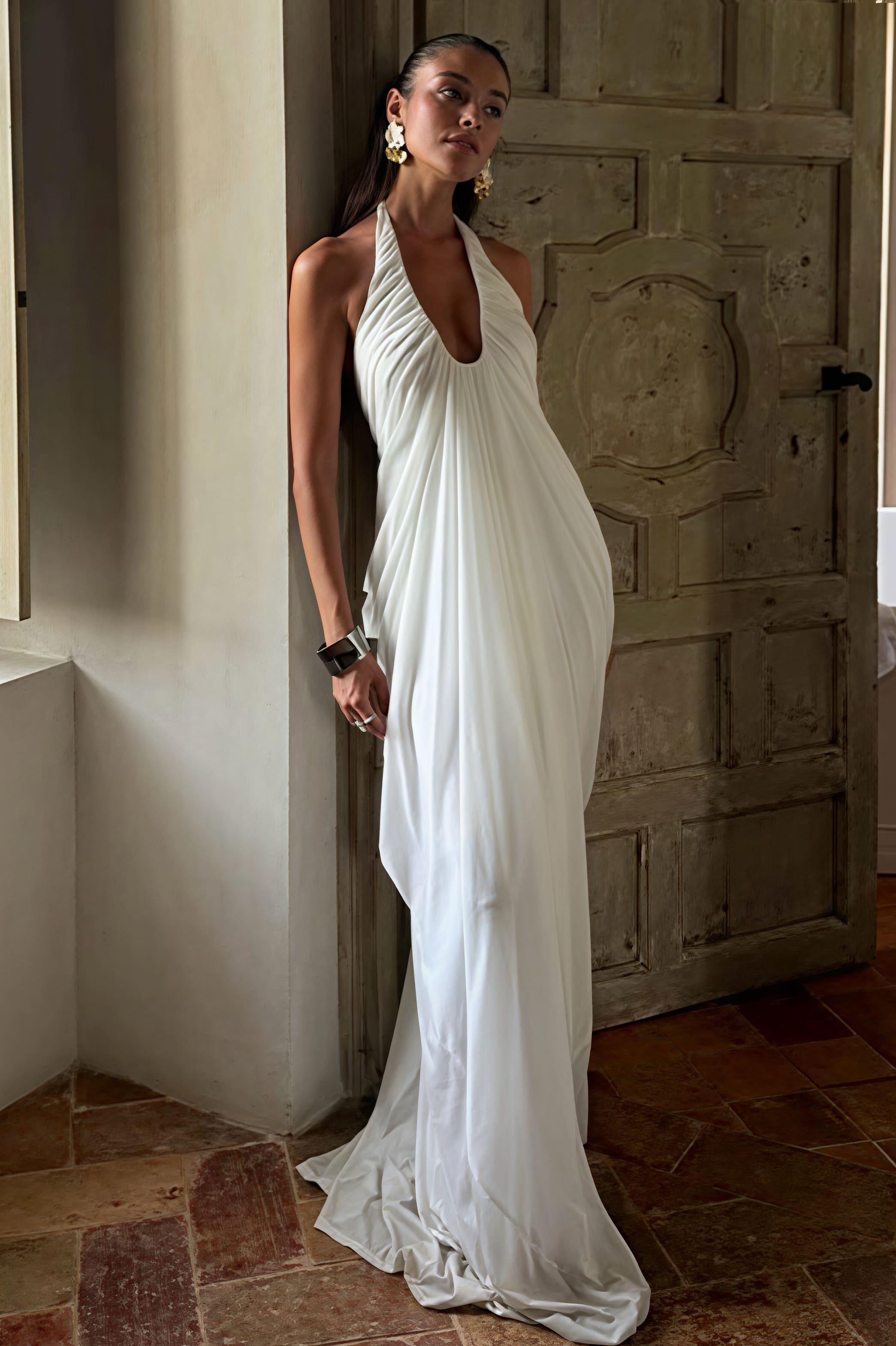 Loose V Neck Ruffled Halter Tulle Maxi Dress image 4