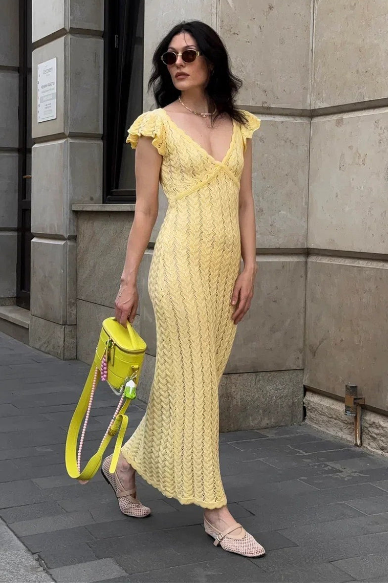 French Ruffle V Neck Knit Pastoral Maxi Dress image 6