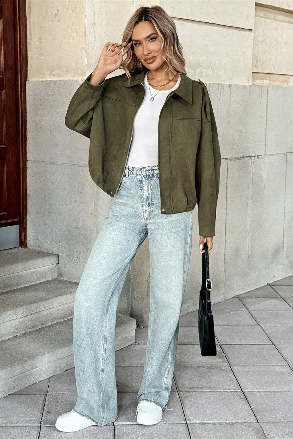 Lapel Collar Suede-Look Bomber Jacket image 6