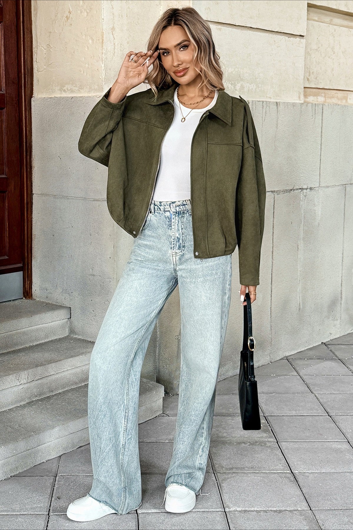 Lapel Collar Suede-Look Bomber Jacket image 6