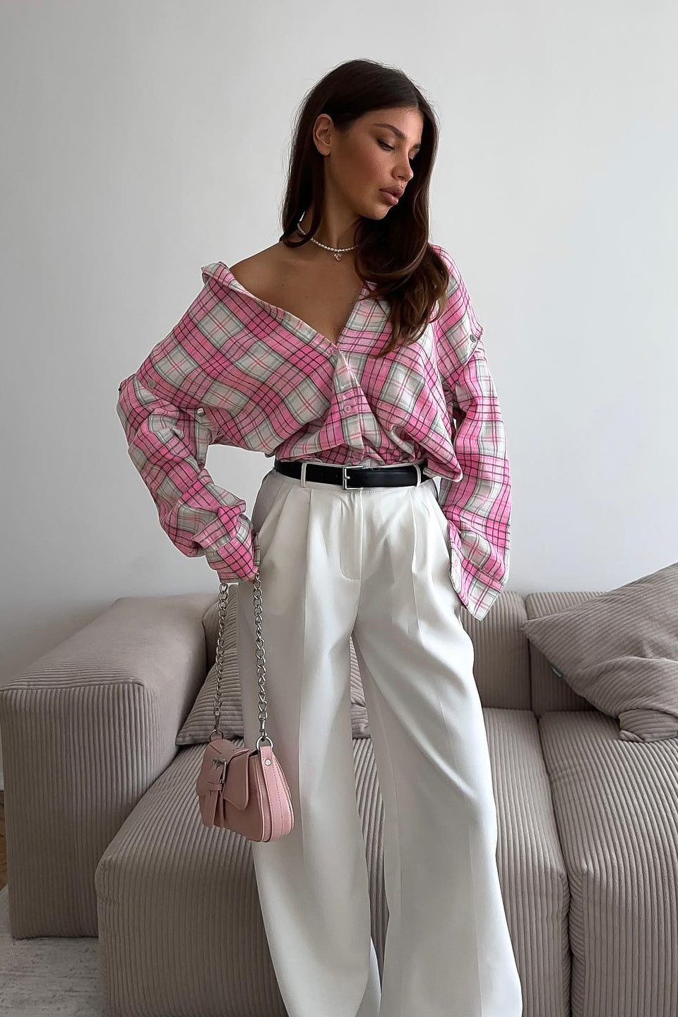 Pink Plaid Loose Fit Button-Up Blouse image 1