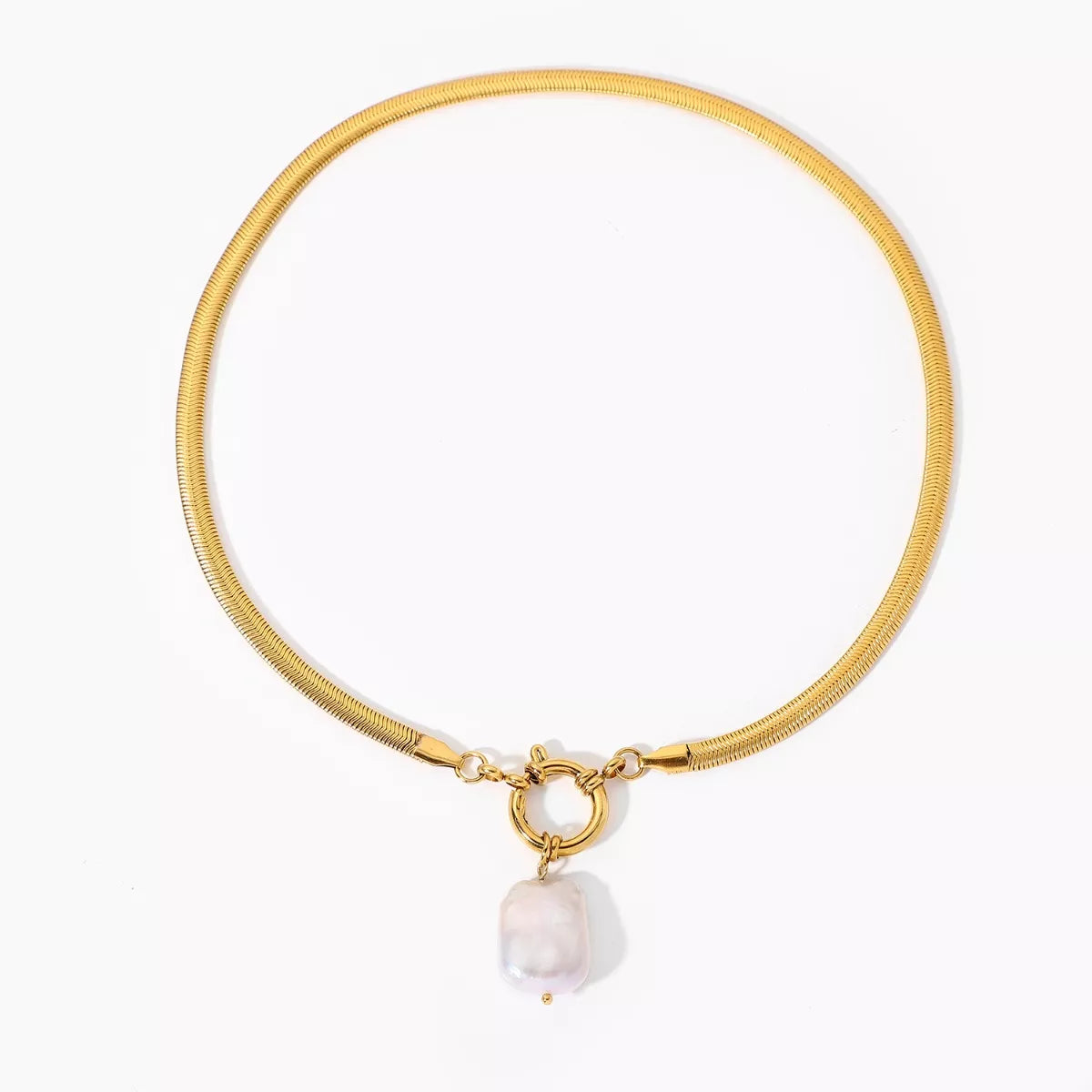 Sabina Pearl Necklace detail view styled for Avrienne