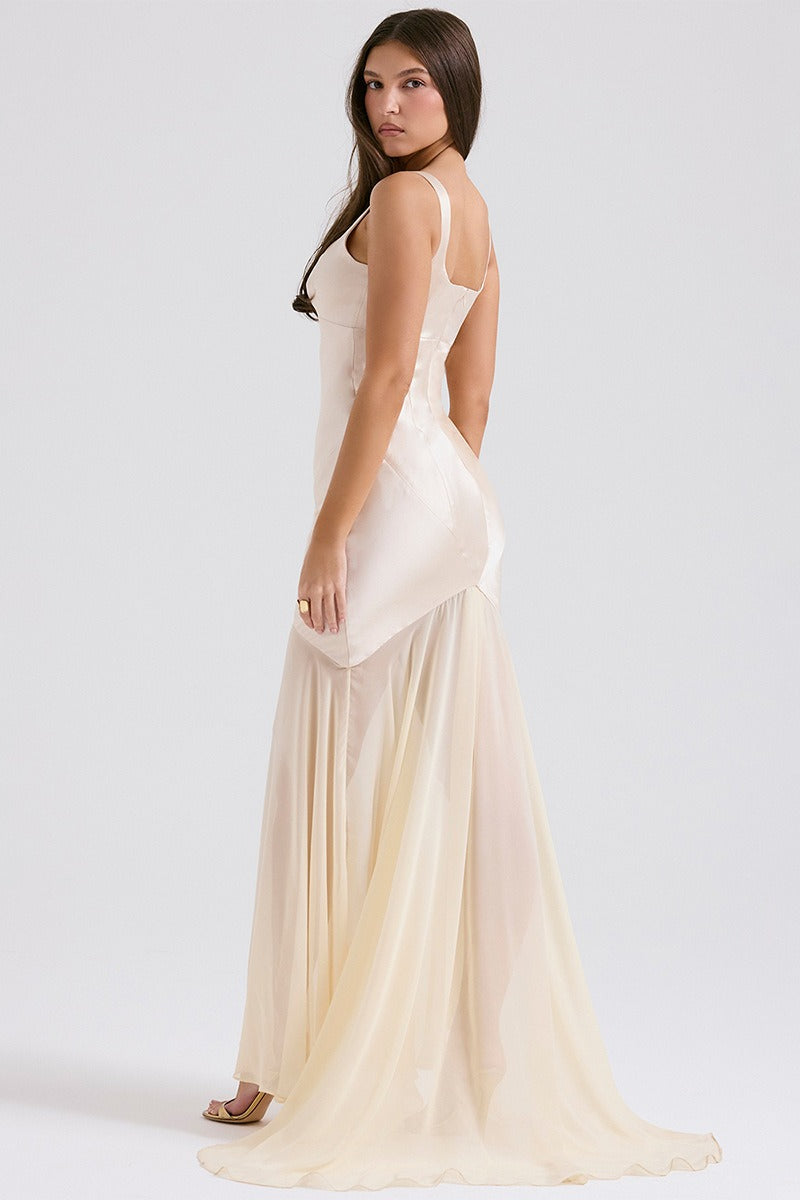 Elegant Flowy Satin Chiffon Patchwork Cami Bodycon Maxi Dress image 12