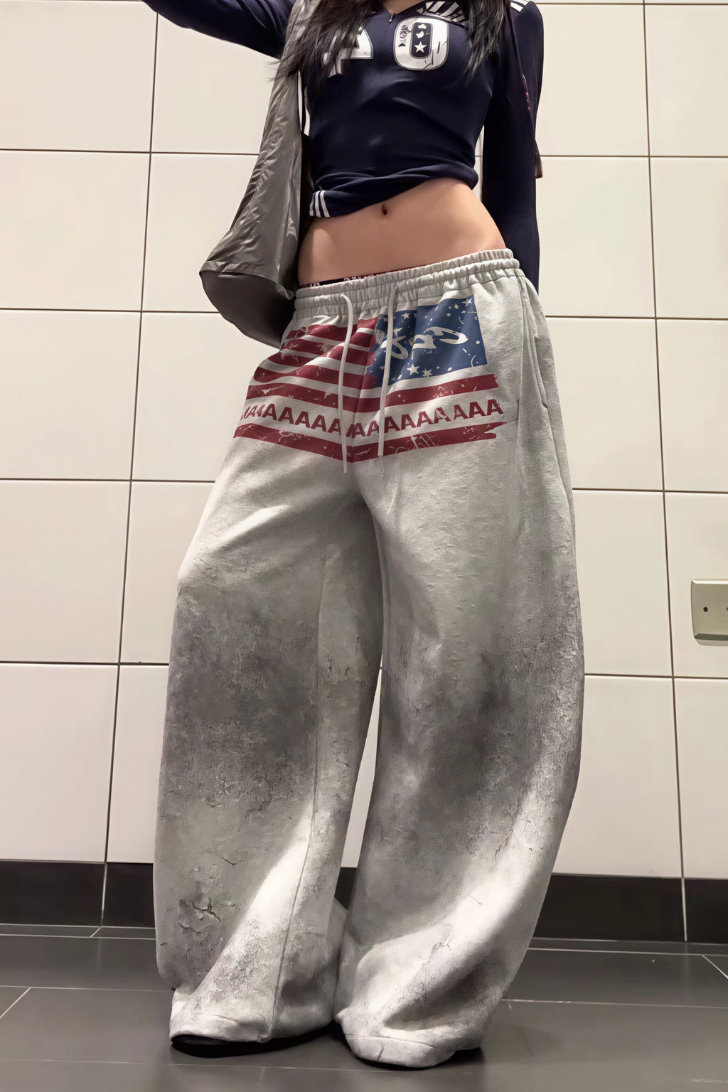 Retro Gray Graphic Drawcord Baggy Sweat Pants image 1