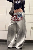 Retro Gray Graphic Drawcord Baggy Sweat Pants image 1