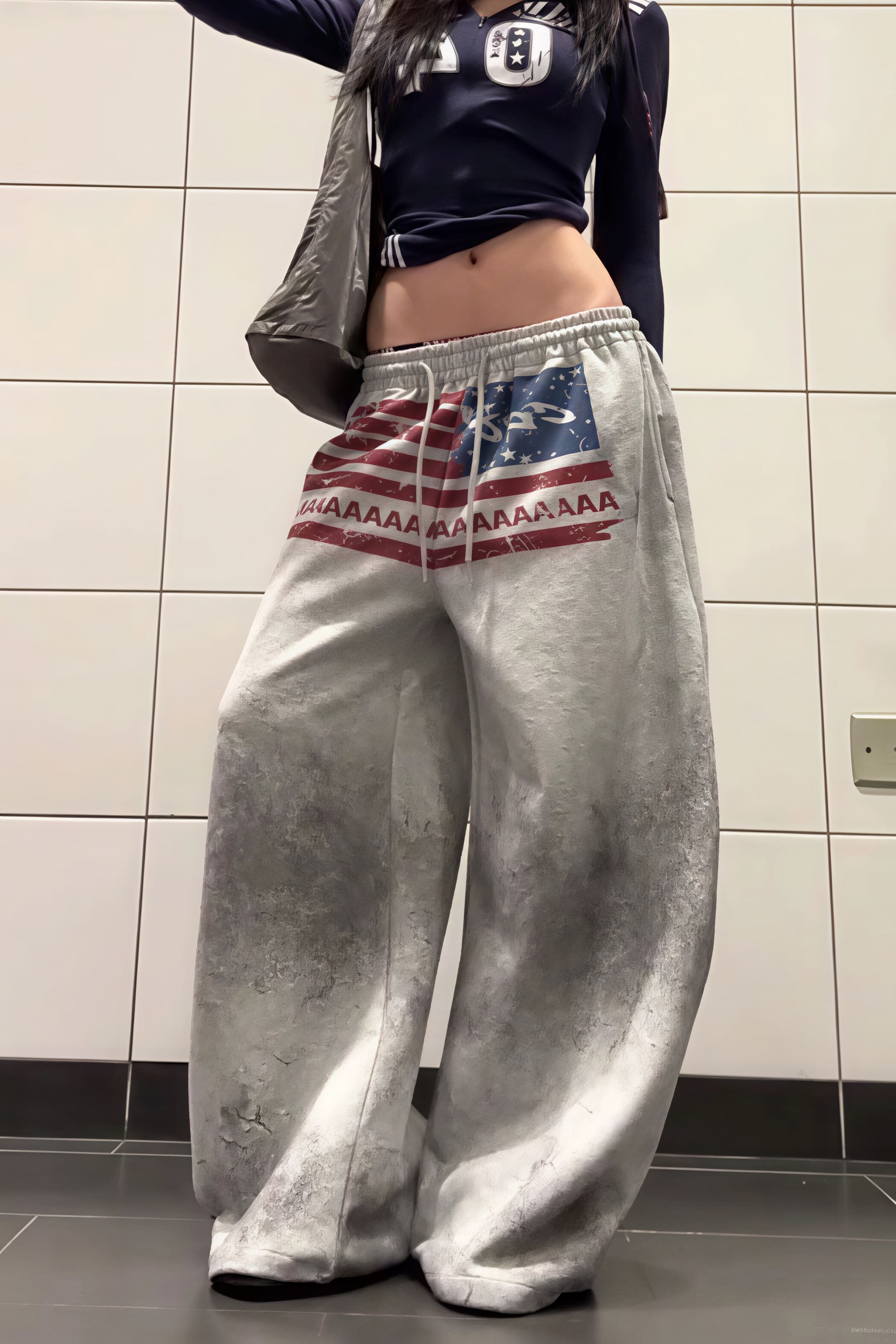 Retro Gray Graphic Drawcord Baggy Sweat Pants image 1