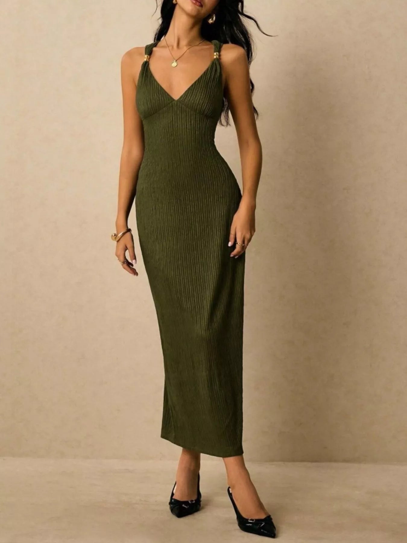 Solene Knit Midi Dress detail view styled for Avrienne