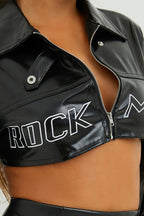 Embroidered Letter PU Leather Coat image 5