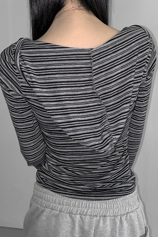Hooded Striped Color Block Button V Neck Long Sleeve Blouse image 3