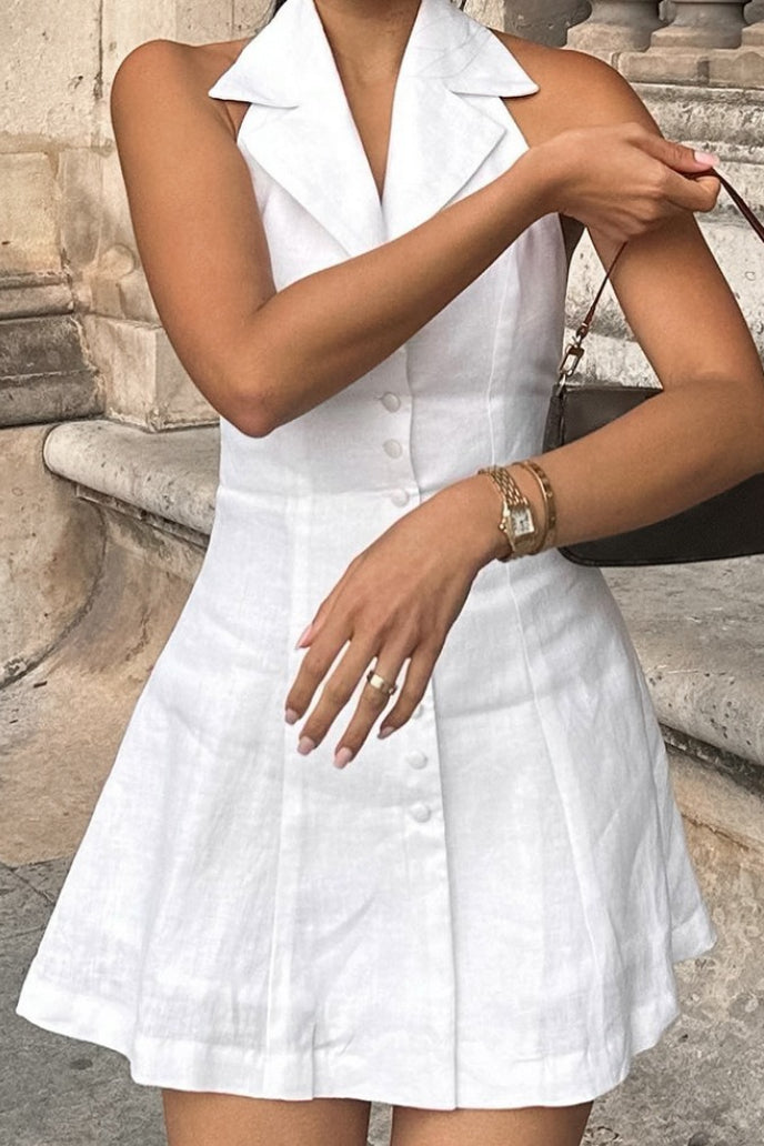 Halter V Neck Button Down A Line Mini Dress image 2