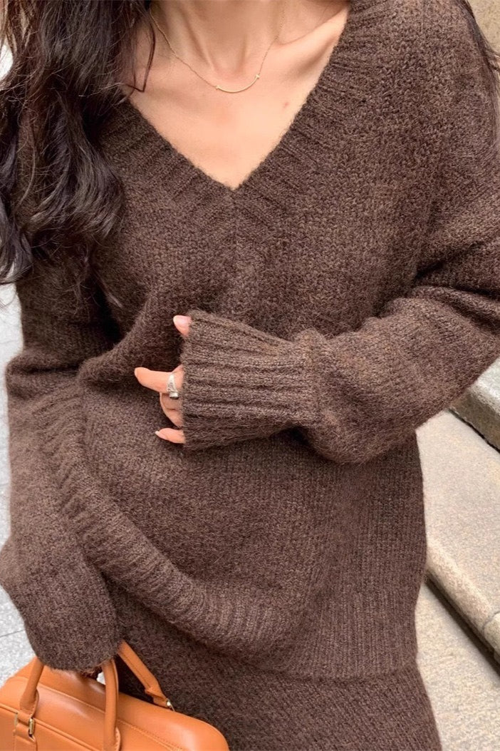 Lazy V-neck Knit Sweater Mermaid Skirt Two Piece Set image 3