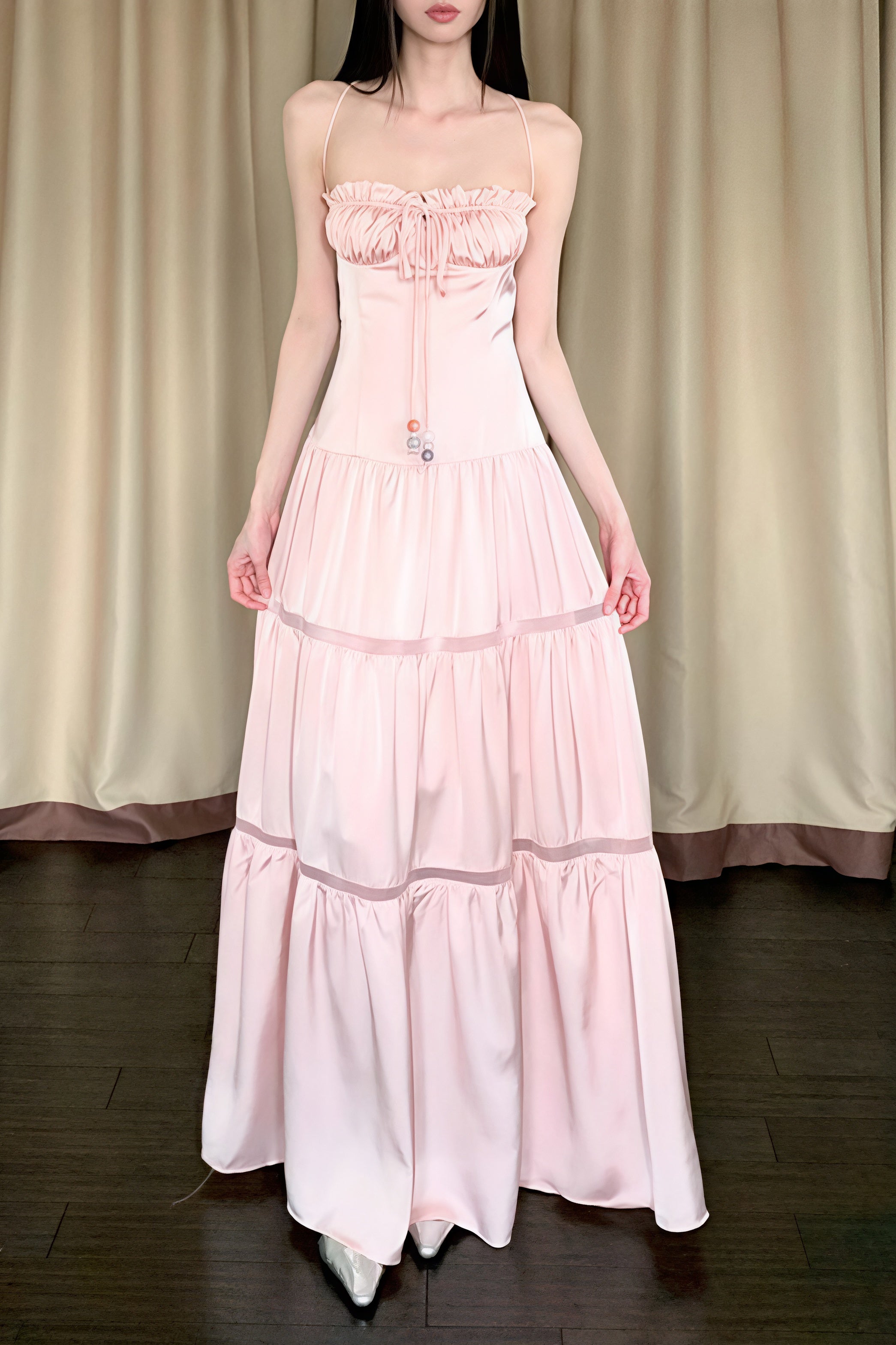 Pink Satin Tie Strapless Spaghetti Strap Maxi Dress image 3