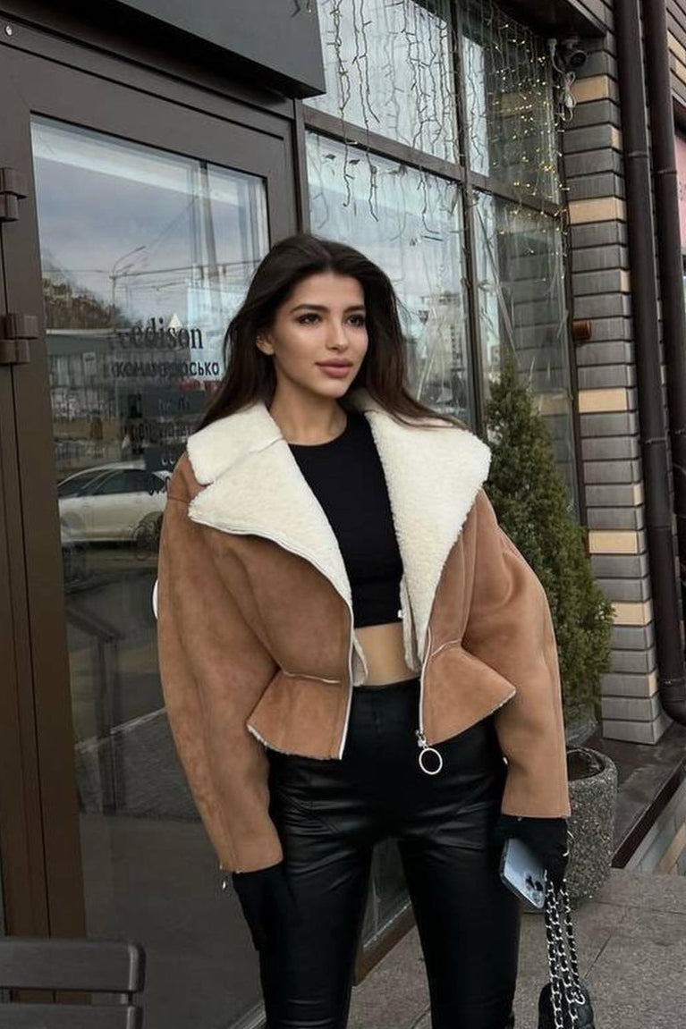 Chic Odd Zip Leather Fur Pieced Coat image 2