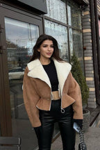 Chic Odd Zip Leather Fur Pieced Coat image 2