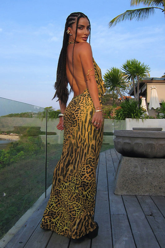 Slim Fit Leopard Cowl Backless Maxi Dress image 6