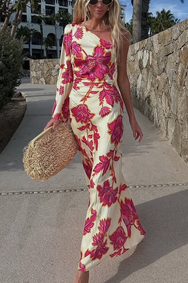Satin Rose Print One-Shoulder Maxi Dress image 2