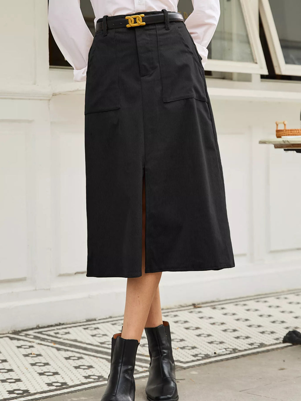 Celine Slit Midi Skirt detail view styled for Avrienne