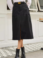 Celine Slit Midi Skirt detail view styled for Avrienne