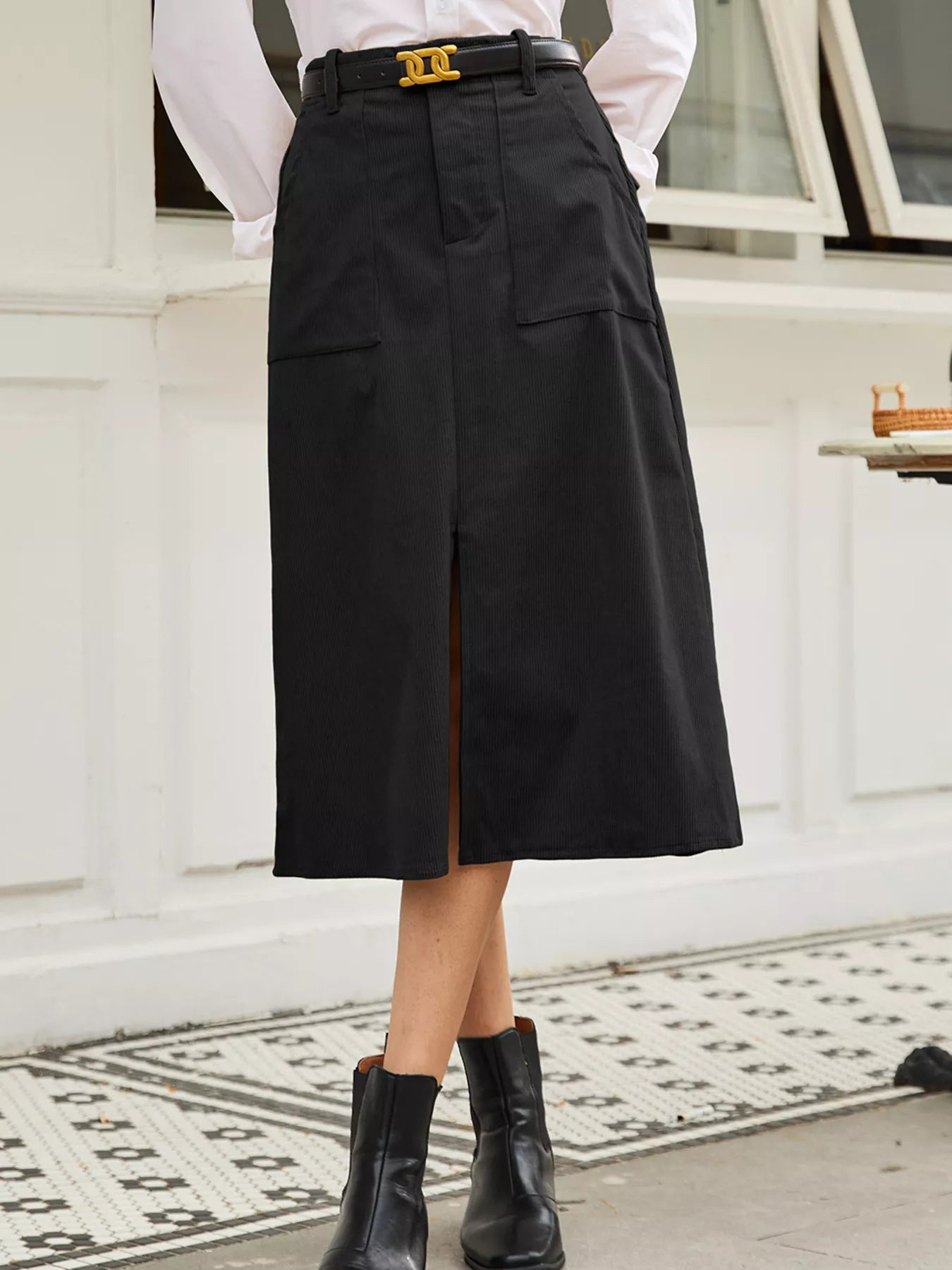Celine Slit Midi Skirt detail view styled for Avrienne