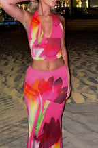 Halter Neck Printed Crop Top Bodycon Maxi Dress image 6