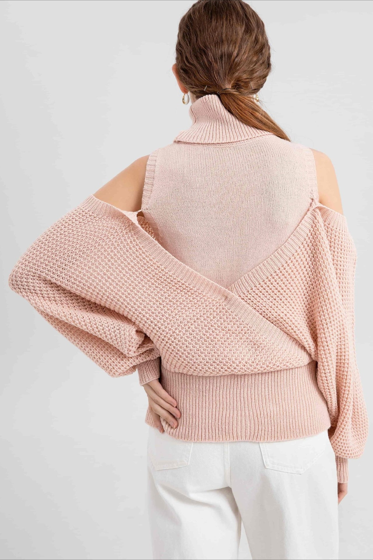High Neck Off-Shoulder Double Layer Knit Sweater image 4