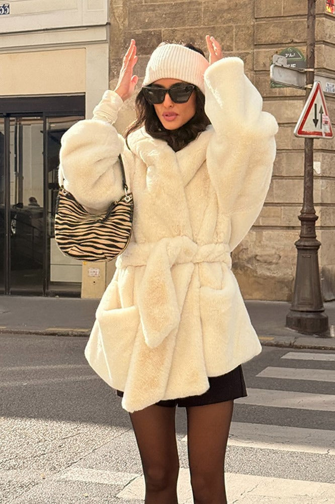 Faux Fur Belted Hooded Coat image 2