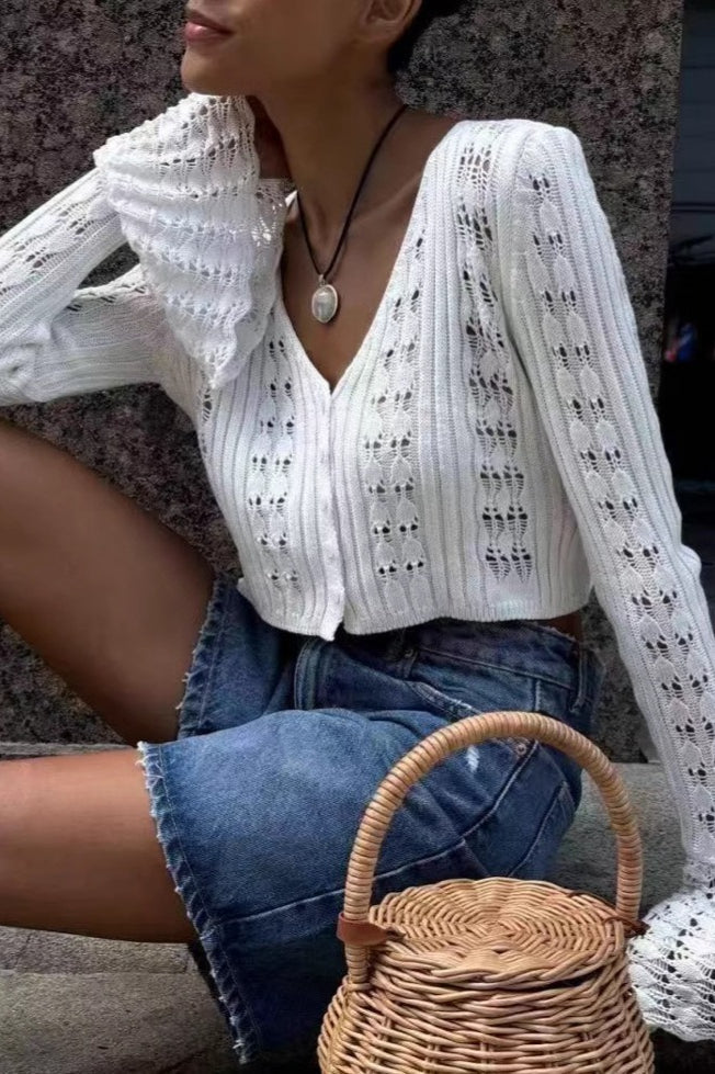 Cutout V-Neck Solid Short Long-Sleeve Knit Cardigan image 4
