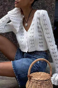 Cutout V-Neck Solid Short Long-Sleeve Knit Cardigan image 4