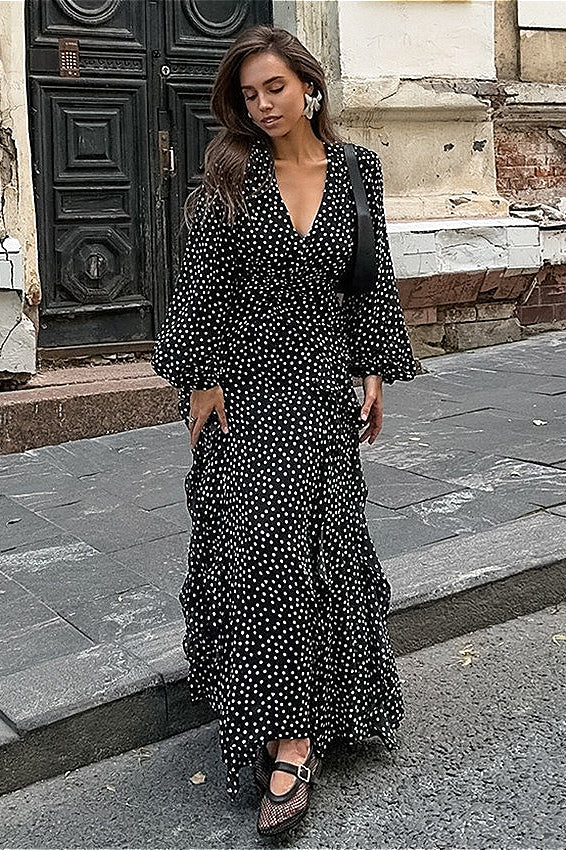 Vintage V-Neck Polka Dot Puff Sleeve A-Line Maxi Dress image 2