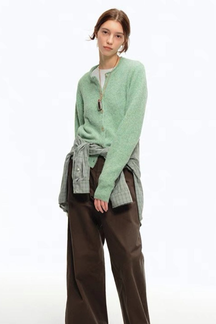 Green Wool Blend Crew Neck Knit Cardigan image 5