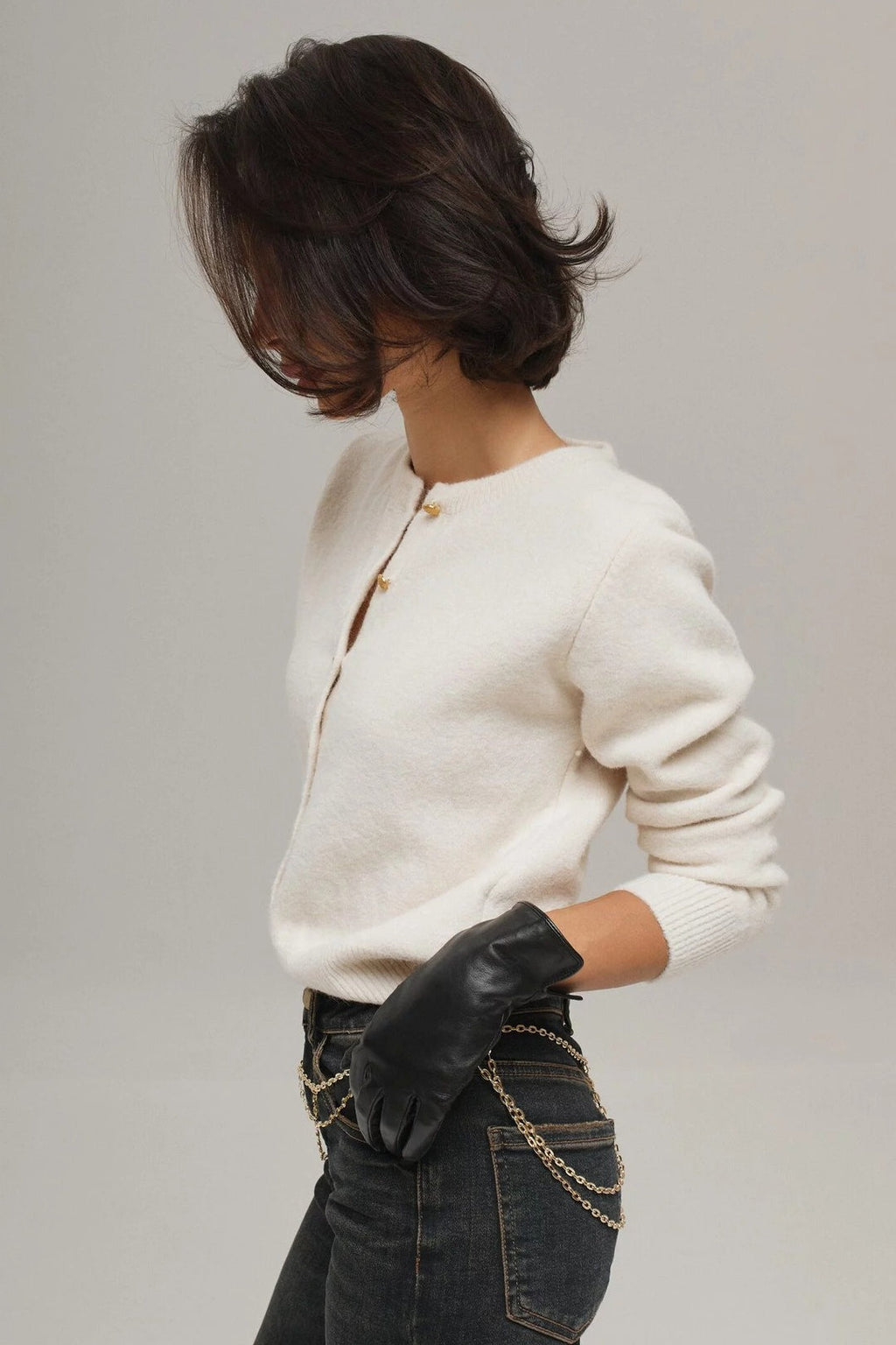 Minimalist Knitted Gold Buckle Crew Neck Cardigan image 6