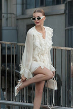 Ruffled Tie V Neck Long Sleeve A Line Mini Dress image 2